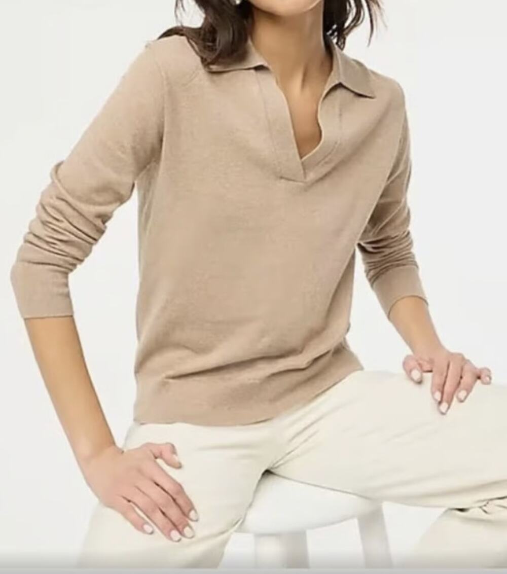 J.Crew Cashmere Blend Polo Sweater WMNS S Tan BJ857 Long Sleeve V-neck Collared